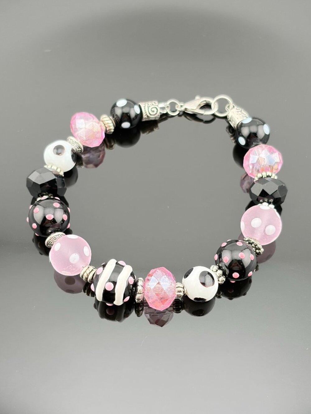 Black Pink White Polka Dot Glass Bead 8.5" Bracelet Handmade LR224